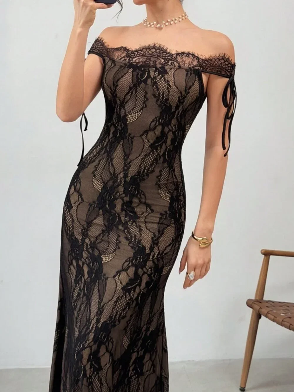 Black Elegant Women's Contrast Lace High Waisted Flared Bodycon Long Dress